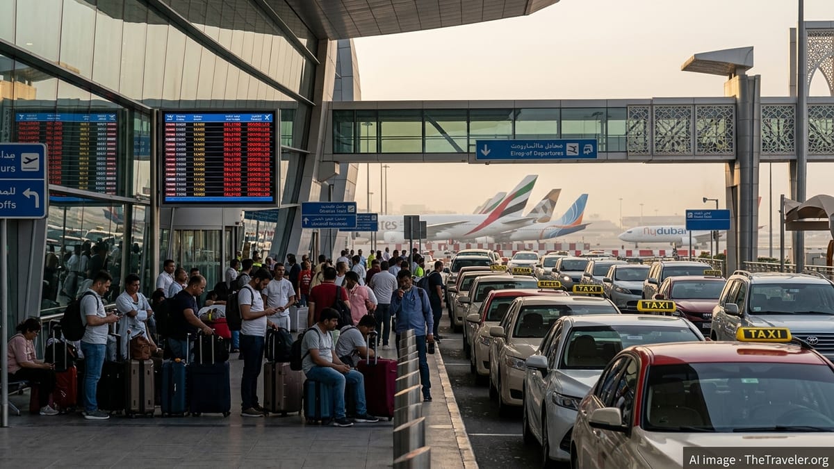 Crowded Dubai airport drop-off area with delayed passengers and visible aircraft tails at dusk.