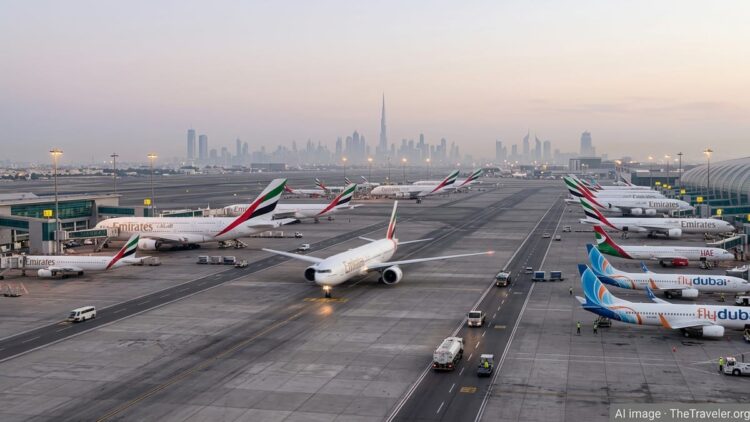 Evening view over Dubai airport with Emirates and flydubai jets back in operation.
