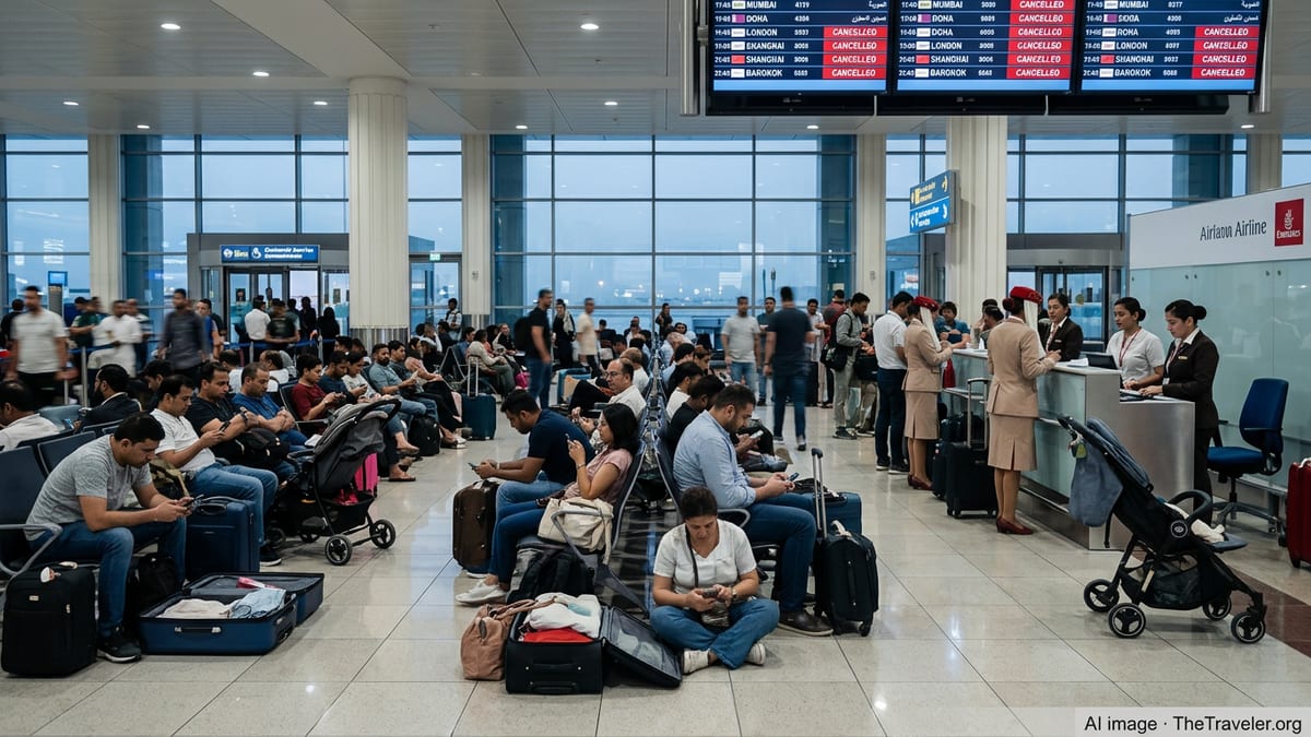 Crowded Dubai airport departure hall with stranded passengers and multiple flights marked cancelled on screens.