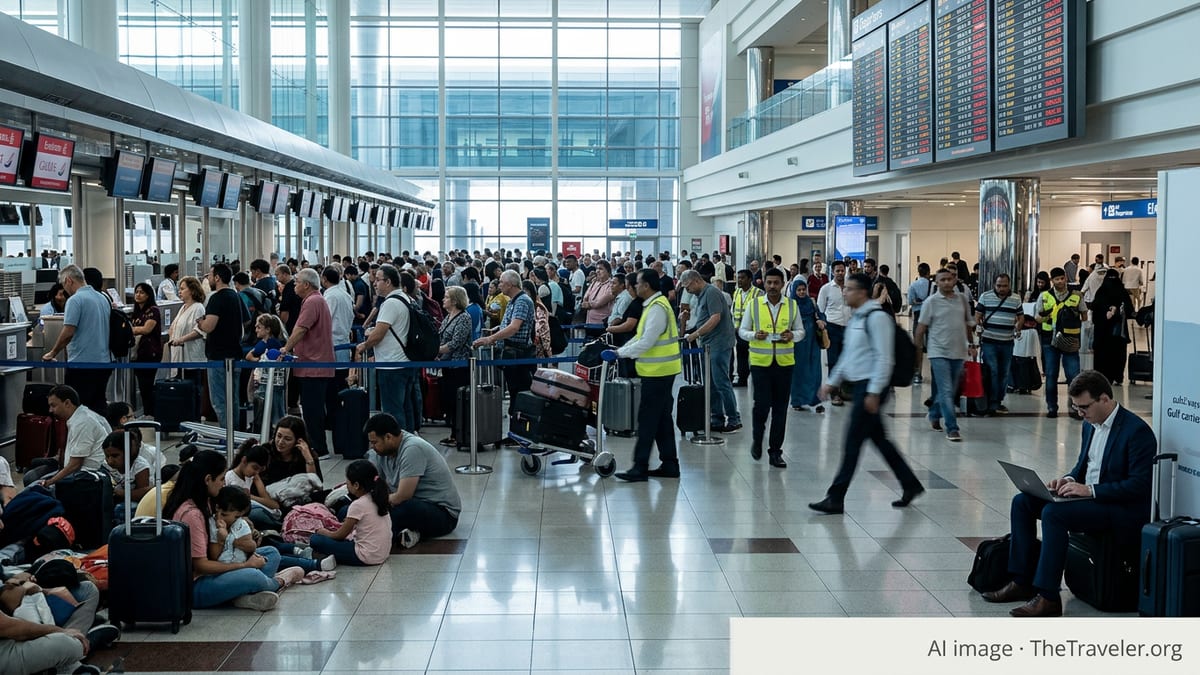 Crowded Dubai airport terminal with stranded passengers queuing under departure boards showing multiple flight cancellations.