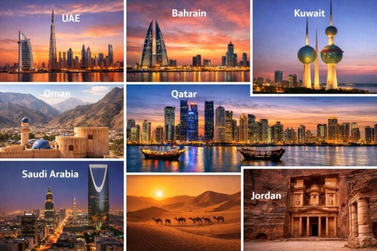 Uae, bahrain, kuwait, oman, qatar, saudi arabia, and jordan