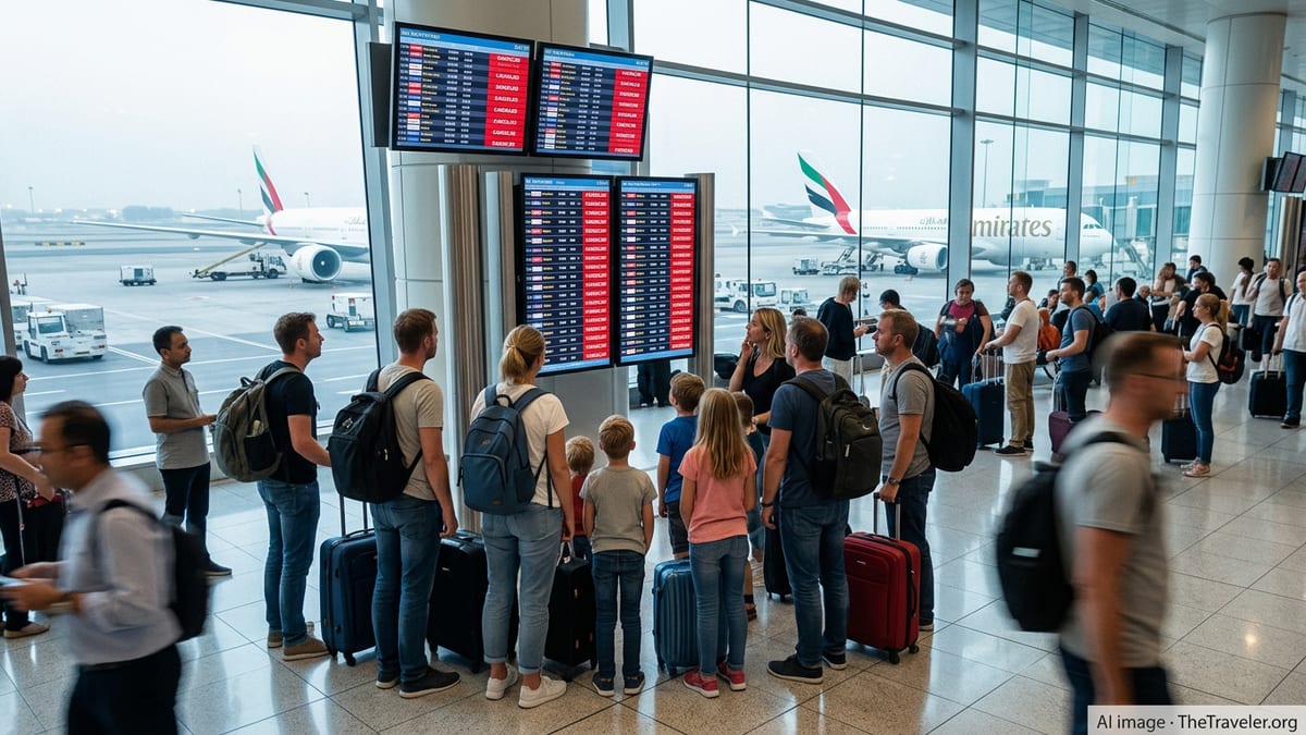 Crowded Dubai airport departure hall with stranded tourists checking canceled flights.