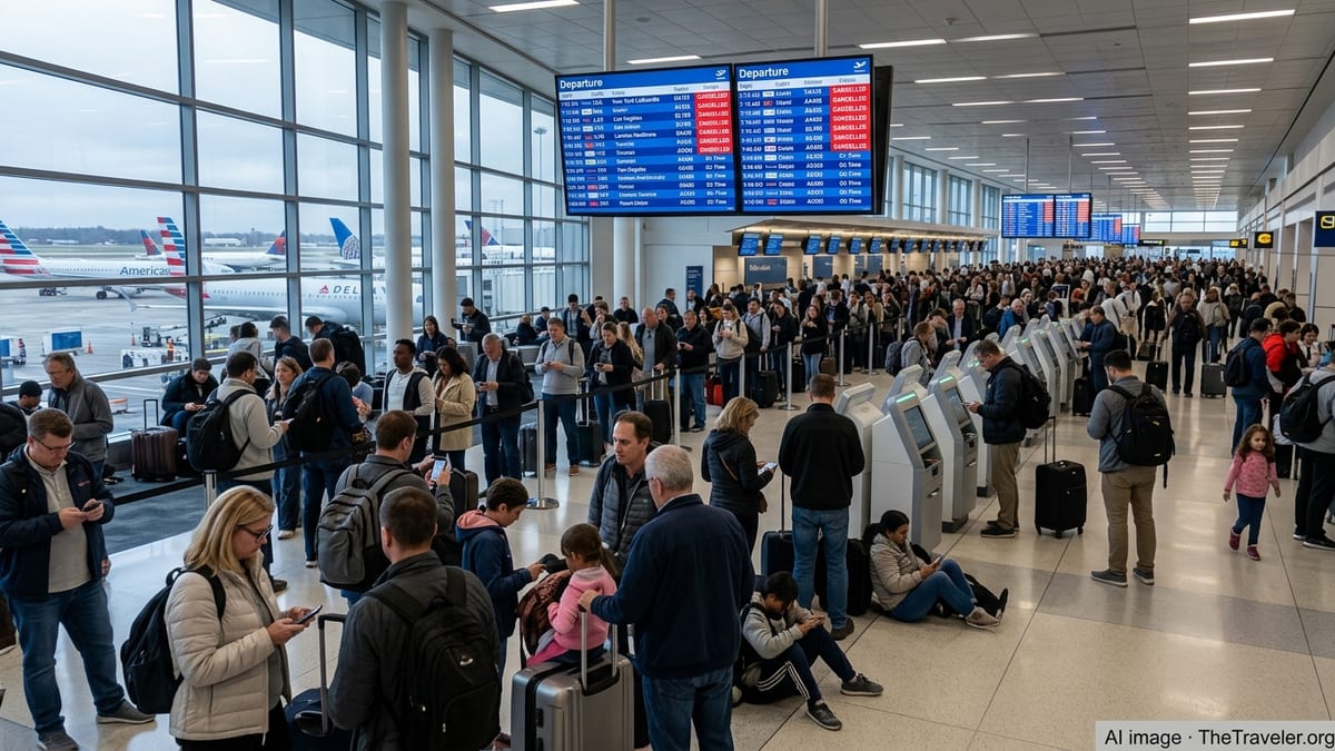 Crowded airport terminal with departure boards showing multiple cancelled flights.