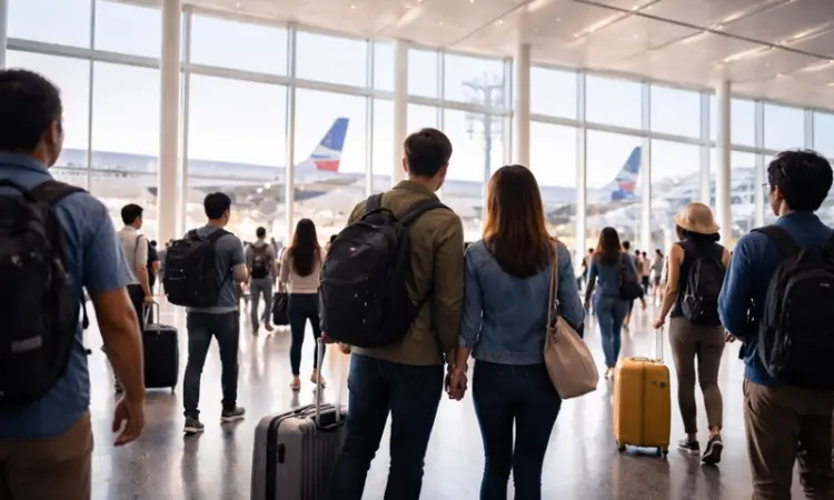 Travelers walking through a busy international airport terminal with luggage, illustrating outbound travel demand from the United States