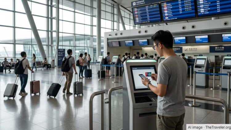 Traveler uses a UnionPay card at an airline self-service kiosk in a busy international airport terminal.