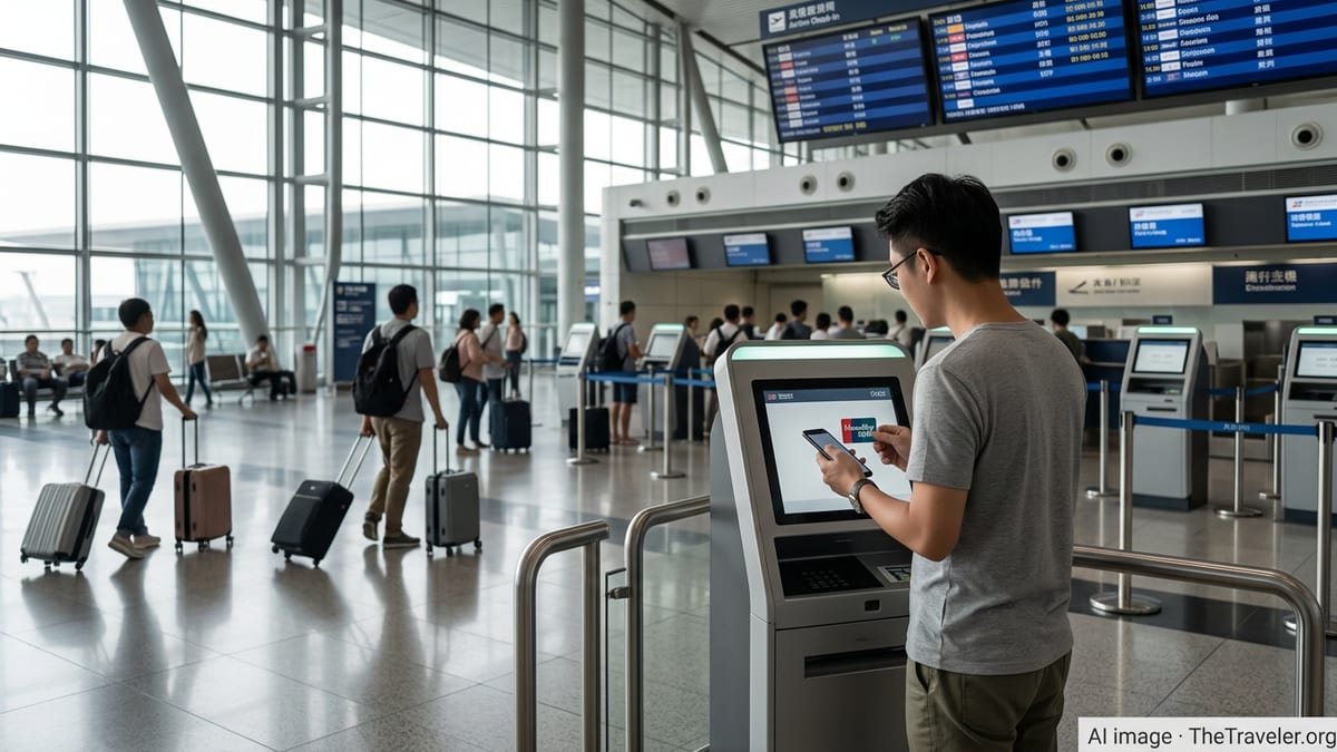 Traveler uses a UnionPay card at an airline self-service kiosk in a busy international airport terminal.