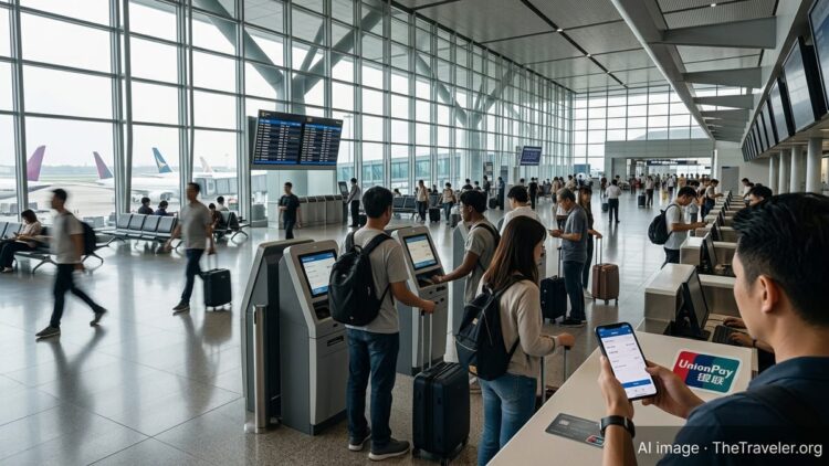 Asia-Pacific travelers using cards and phones to book flights at a busy airport check-in area.