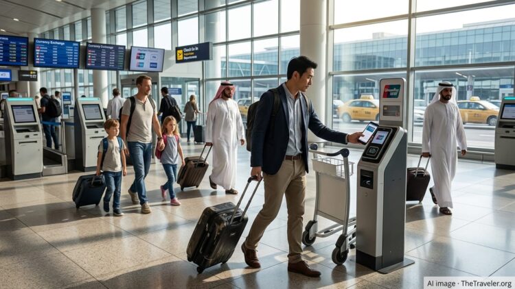 Travelers use mobile wallets and cards at contactless payment kiosks in a busy international airport.