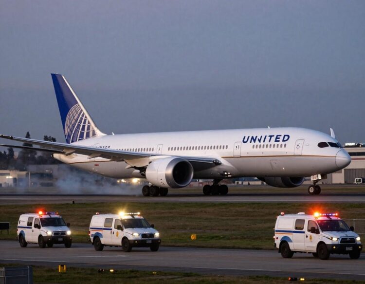 United airlines boeing 787-9 sparks mid-air scare over usa skies as flight 2127 from los angeles international airport to newark liberty international airport was forced to turn back shortly after takeoff following an engine fire warning,