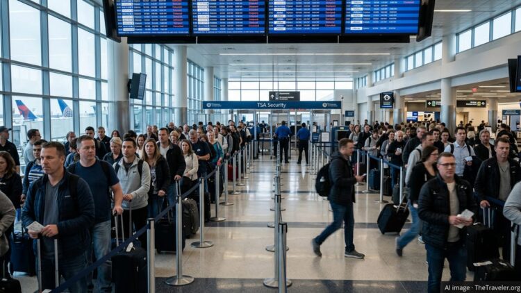 Crowded TSA security lines at a U.S. airport as travelers face long waits.