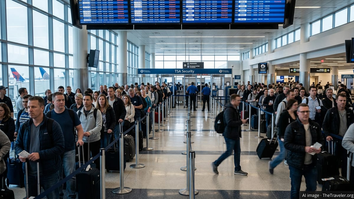 Crowded TSA security lines at a U.S. airport as travelers face long waits.