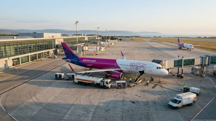 Wizz Air aircraft on the apron at Varna Airport with terminal and ground crew at sunrise.
