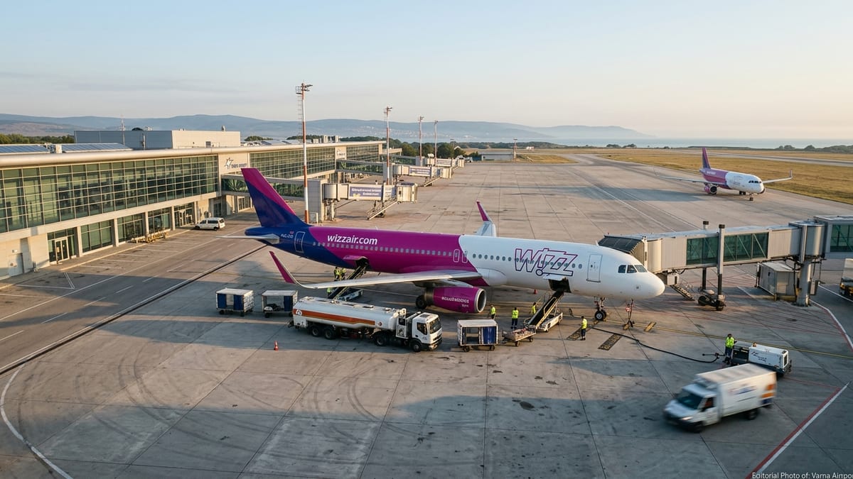 Wizz Air aircraft on the apron at Varna Airport with terminal and ground crew at sunrise.