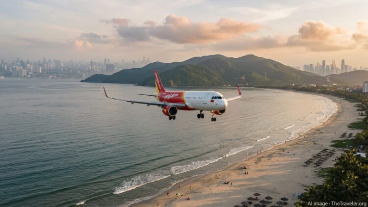 Vietjet aircraft descending over Da Nang’s coastline, with beach and cityscape below at sunset.