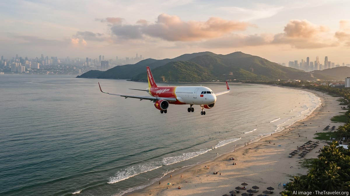 Vietjet aircraft descending over Da Nang’s coastline, with beach and cityscape below at sunset.