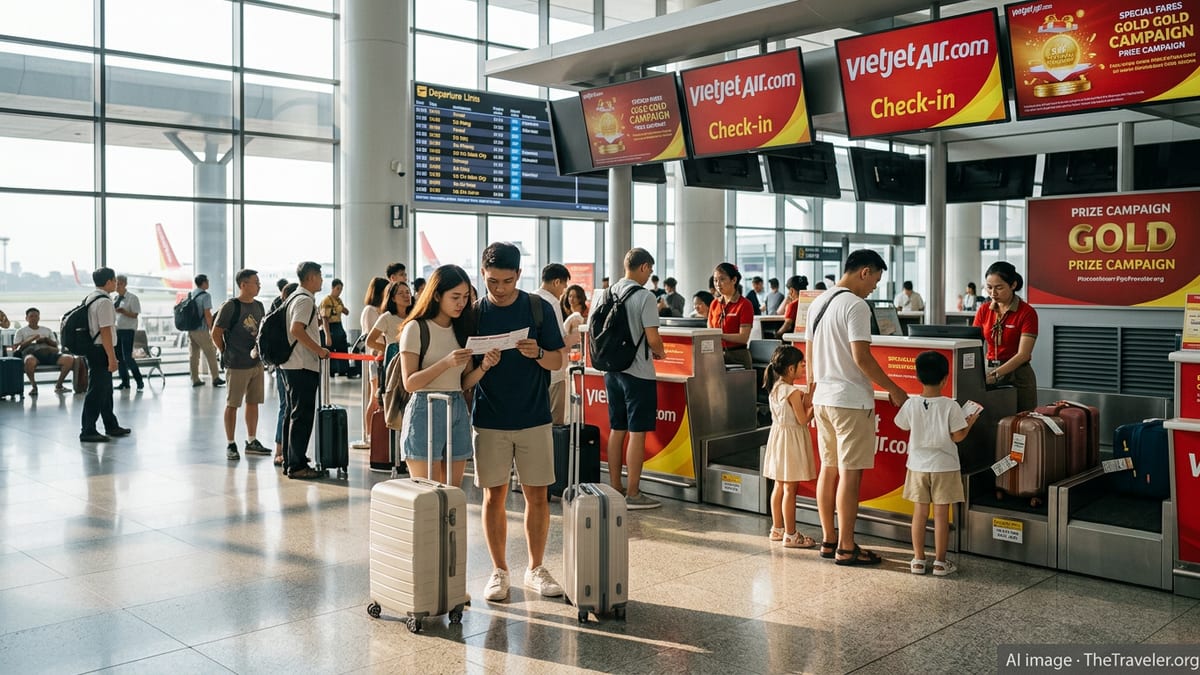 Travelers line up at a Vietjet check in counter in an Asian airport during a fare and gold prize promotion.