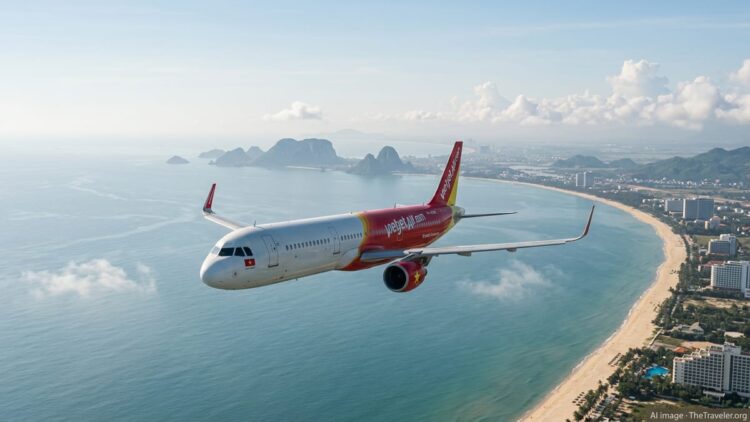 Vietjet jet flying along Vietnam’s central coastline with beaches and city skyline below.