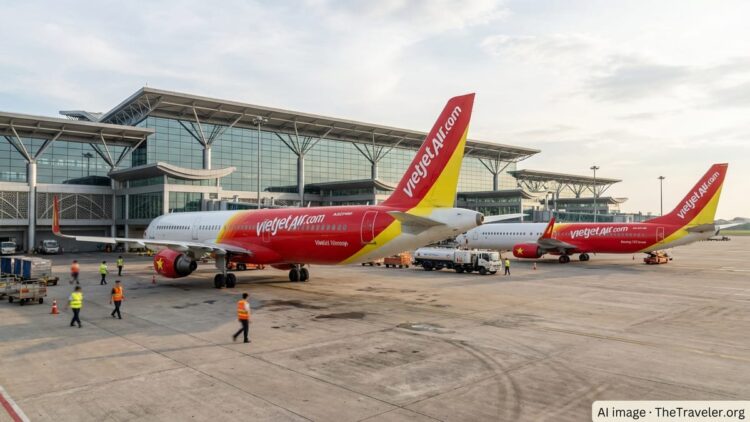 Vietjet jets on an airport apron in the US, with ground crew working around them near a glass terminal.