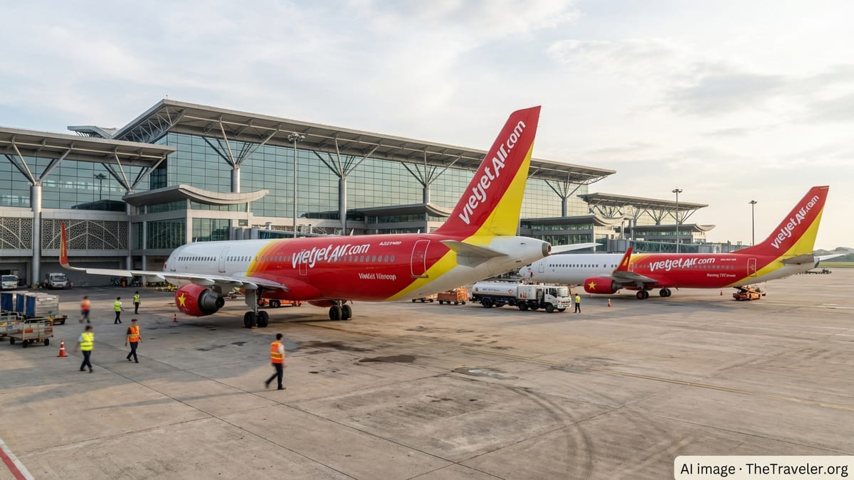 Vietjet jets on an airport apron in the US, with ground crew working around them near a glass terminal.
