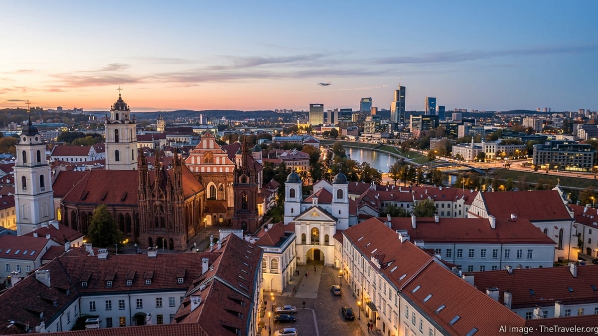 Evening view of Vilnius Old Town and modern skyline with distant airport traffic.