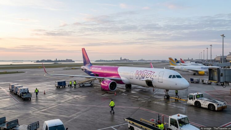 Wizz Air Airbus A321neo on the apron at Venice Marco Polo Airport at sunrise.