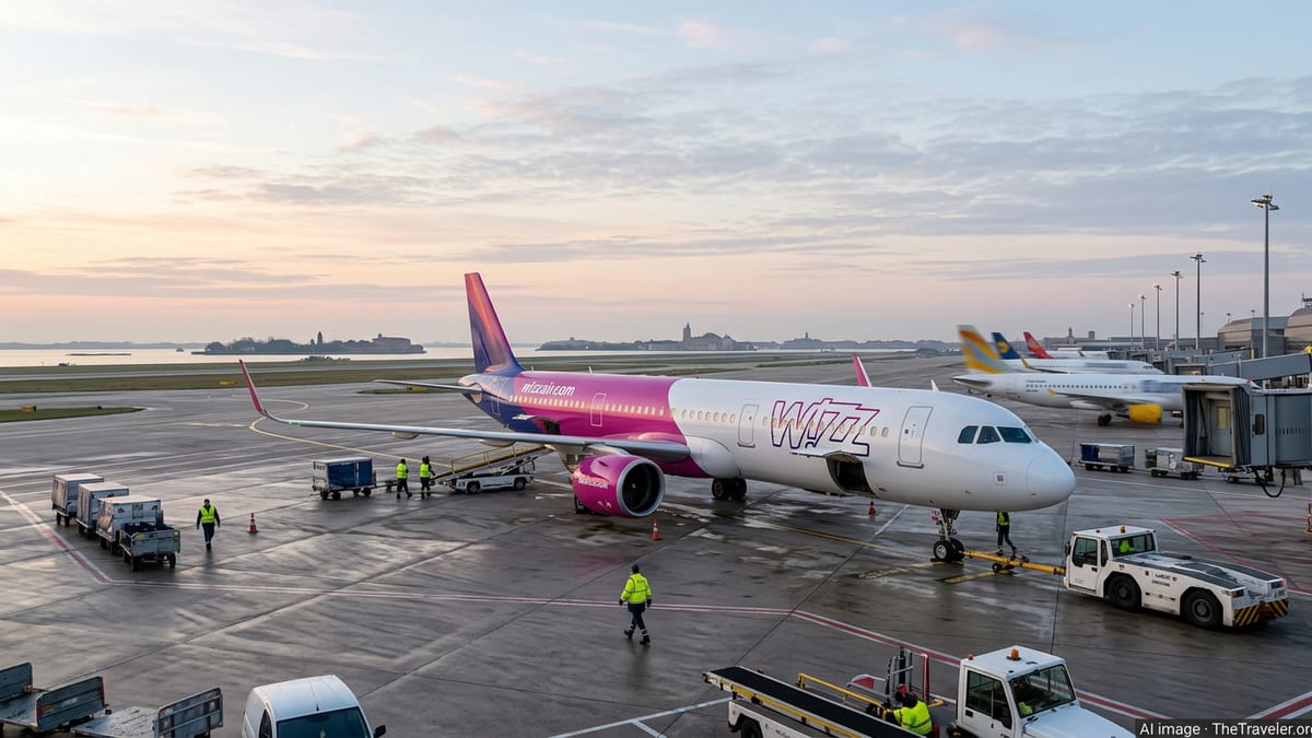 Wizz Air Airbus A321neo on the apron at Venice Marco Polo Airport at sunrise.