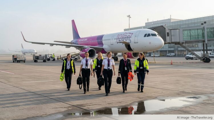 All-female Wizz Air crew walking from an Airbus jet on a misty morning tarmac.