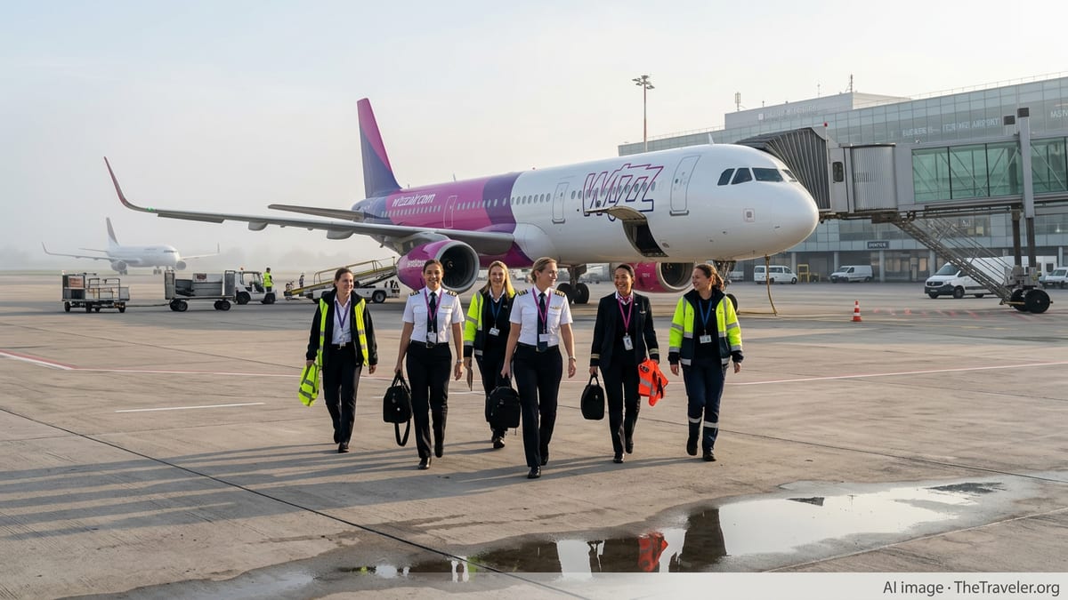 All-female Wizz Air crew walking from an Airbus jet on a misty morning tarmac.