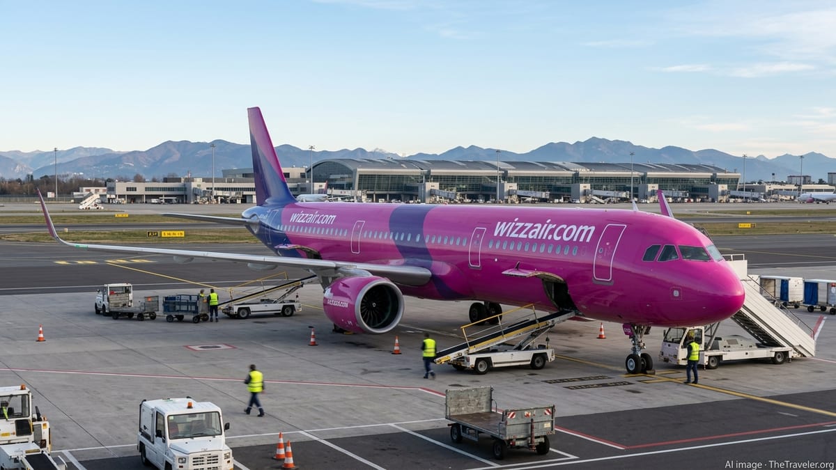 Wizz Air Airbus A321neo on the apron at Milan Malpensa with terminal in background.