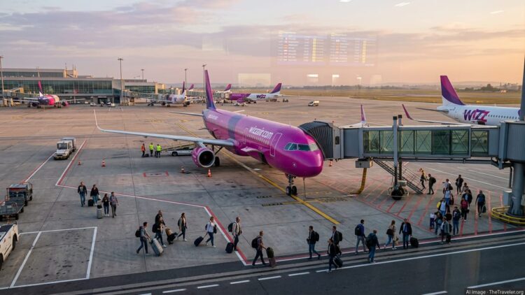 Wizz Air aircraft at sunrise at Bucharest airport with passengers boarding.