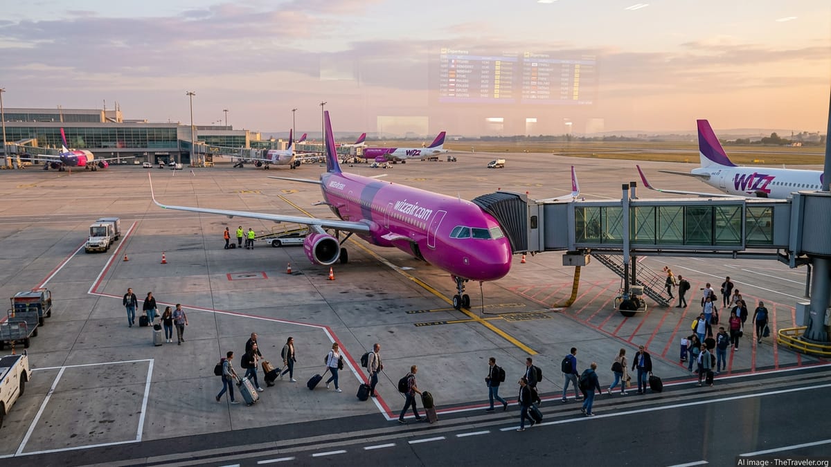 Wizz Air aircraft at sunrise at Bucharest airport with passengers boarding.