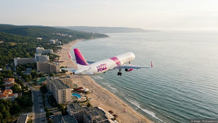 A Wizz Air jet approaching Varna above Bulgaria’s Golden Sands beach on a clear summer afternoon.
