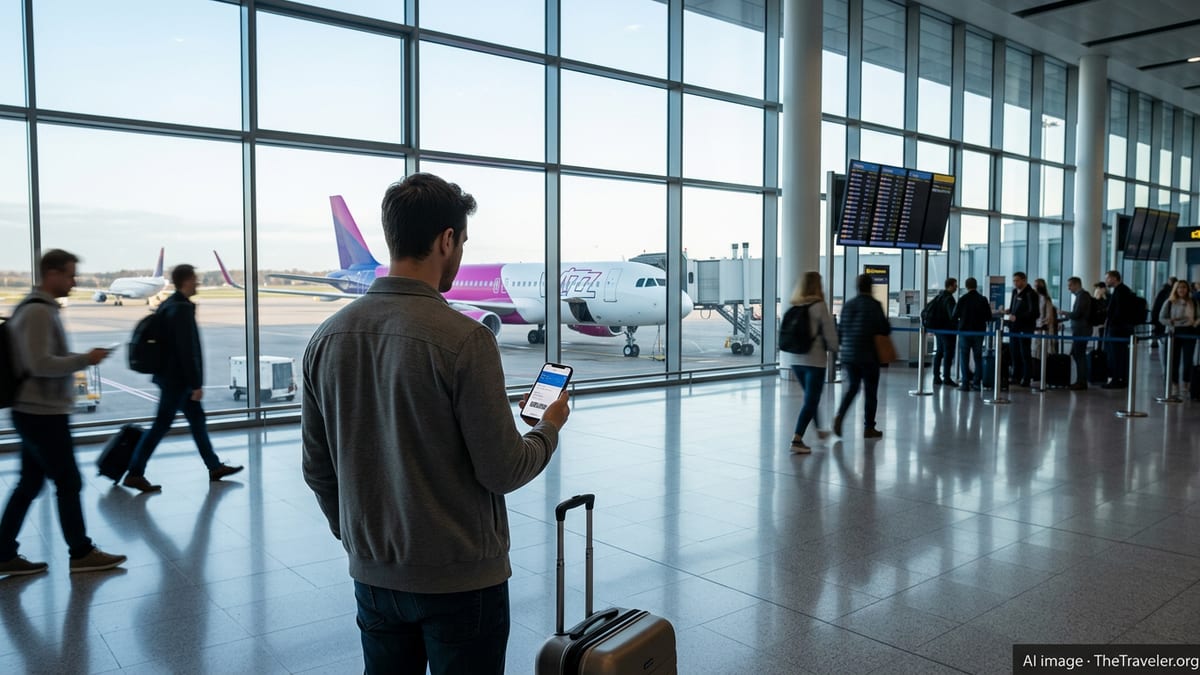 Traveller in a UK airport terminal looking at a phone with a Wizz Air jet at the gate outside.