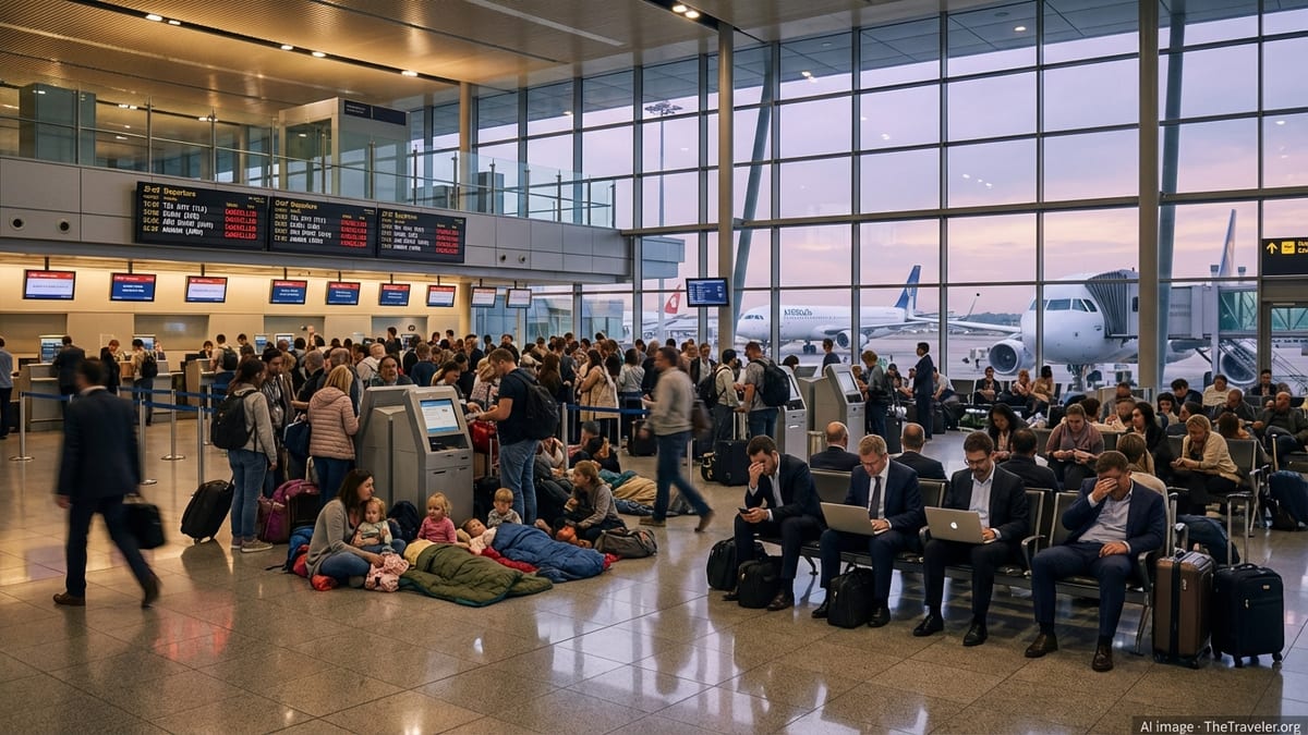 Stranded passengers wait in a crowded airport terminal as multiple Middle East flights show as cancelled on departure boards.