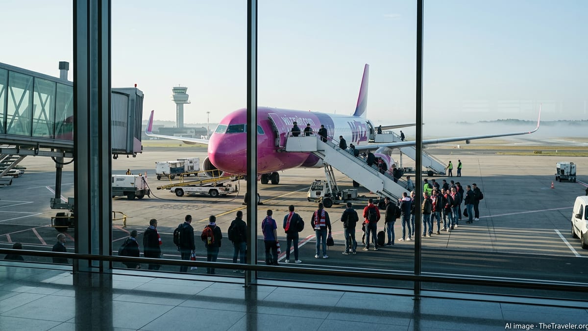 Wizz Air jet boarding football fans at a European airport at dawn.