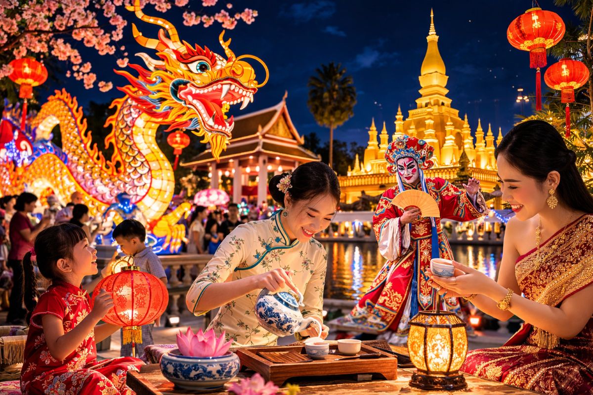 Zhejiang lantern festival in vientiane celebrates 65 years of china-laos ties with jiangnan culture, porcelain, tea and more