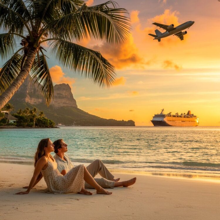 A vibrant summer travel scene featuring a couple relaxing on a tropical beach with turquoise waters in the caribbean