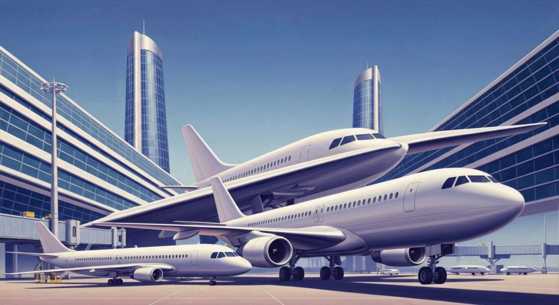 A highly stylized, geometric illustration depicting the grand scale and streamlined forms of air travel, with sweeping gradients and towering perspectives, capturing the celebratory mood of American Airlines