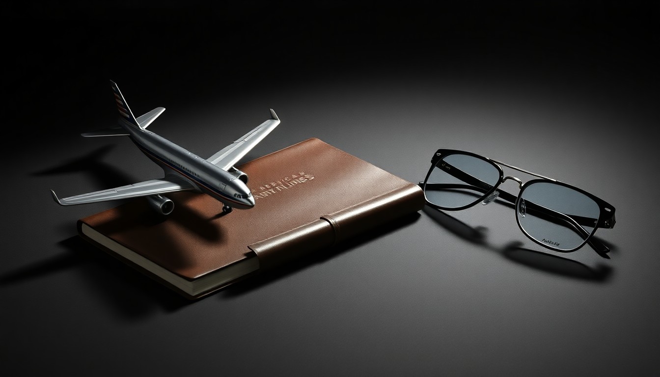 A photorealistic studio still life featuring a polished metal airplane model, a leather-bound flight logbook, and a pair of aviator sunglasses, conceptually representing the resumption of American Airlines