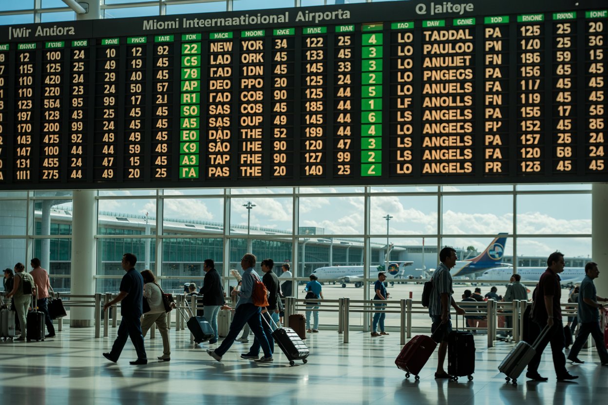 Passengers at miami international airport with flight information display.