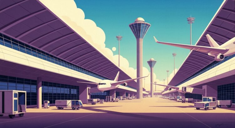 A highly stylized, geometric illustration depicting the towering architecture of an airport terminal, with sweeping lines and gradients evoking the grand scale and connectivity of air travel.