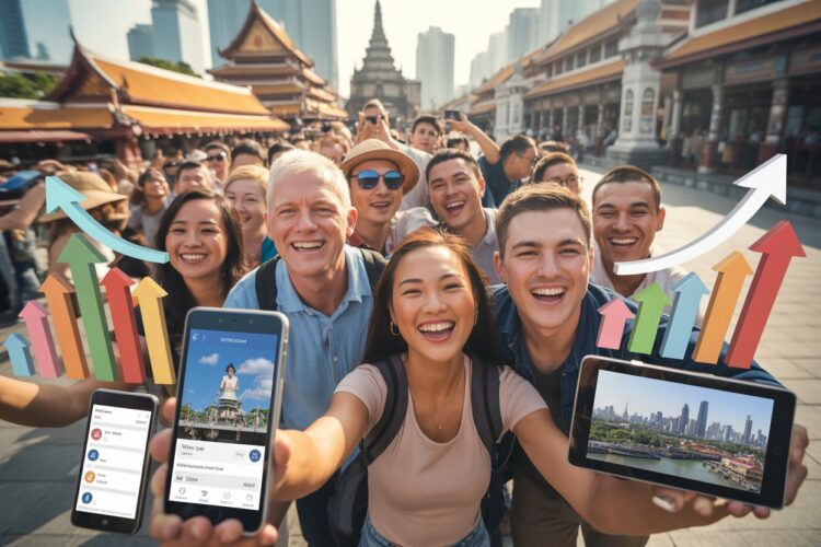 Happy tourists taking selfies at a popular asian travel destination.