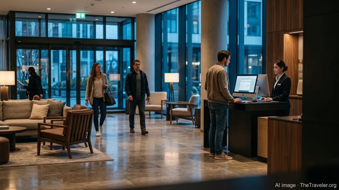Hotel guest checks in at a modern lobby desk with a booking screen visible behind.