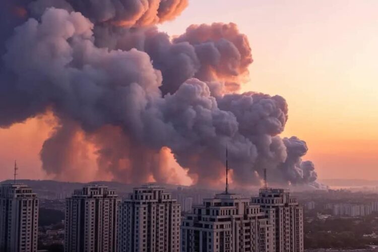Air pollution with smoke clouds over city buildings at sunset.