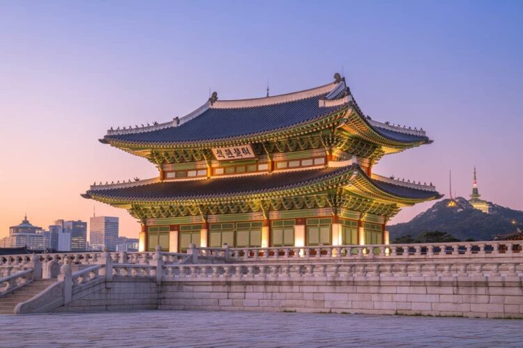 Traditional korean palace at sunset.