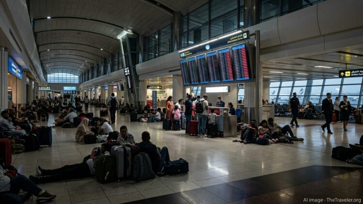 Stranded travelers wait with luggage under cancellation boards at Dubai airport.