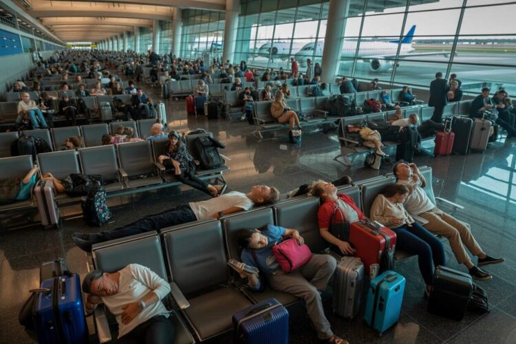 Passengers waiting at dubai airport terminal with luggage.