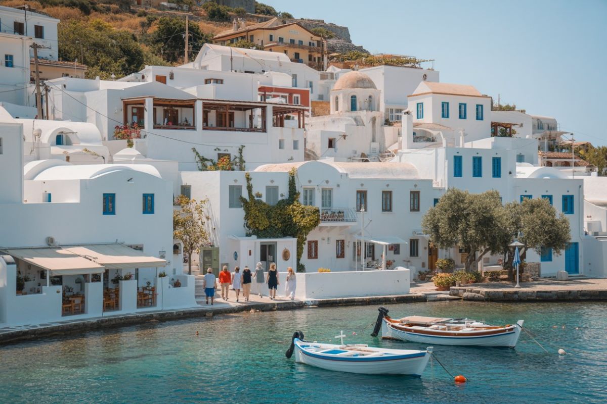 Picturesque greek coastal village with white buildings and boats.