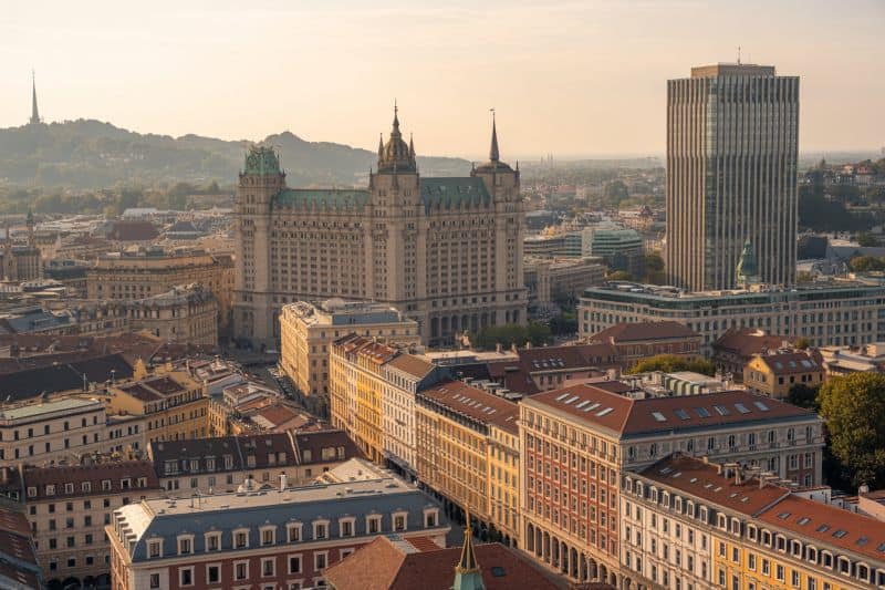 Historic hotel in berlin city center with skyline view.