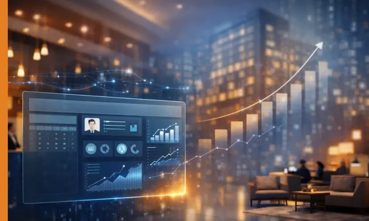 Modern hotel lobby with a minimal, glass-style digital dashboard overlay and subtle data visualization elements, illustrating the role of technology and AI in driving growth in hospitality systems.